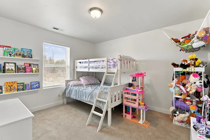 Neutral wall color, wall-mounted shelving, overhead flush-mount lighting, and carpeted flooring