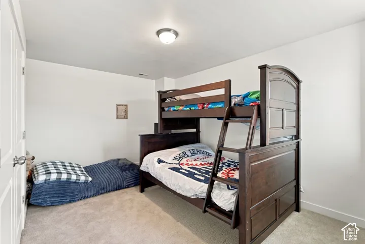 Plush carpeted flooring with light-toned walls, featuring a flush-mount ceiling light fixture