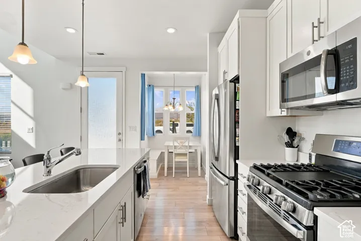 Kitchen featuring stainless steel appliances, white cabinetry, a large kitchen island with an undermount sink, and wood-finish flooring