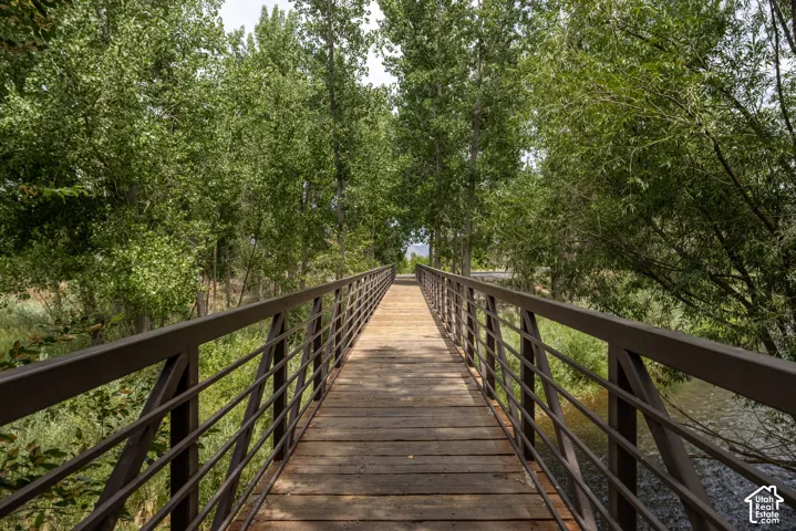 Wooden pedestrian bridge with metal railings surrounded by abundant foliage