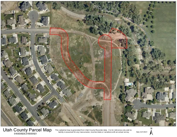 Utah County Parcel Map. An aerial view of the property with a red boundary indicating lot lines and surrounding structures