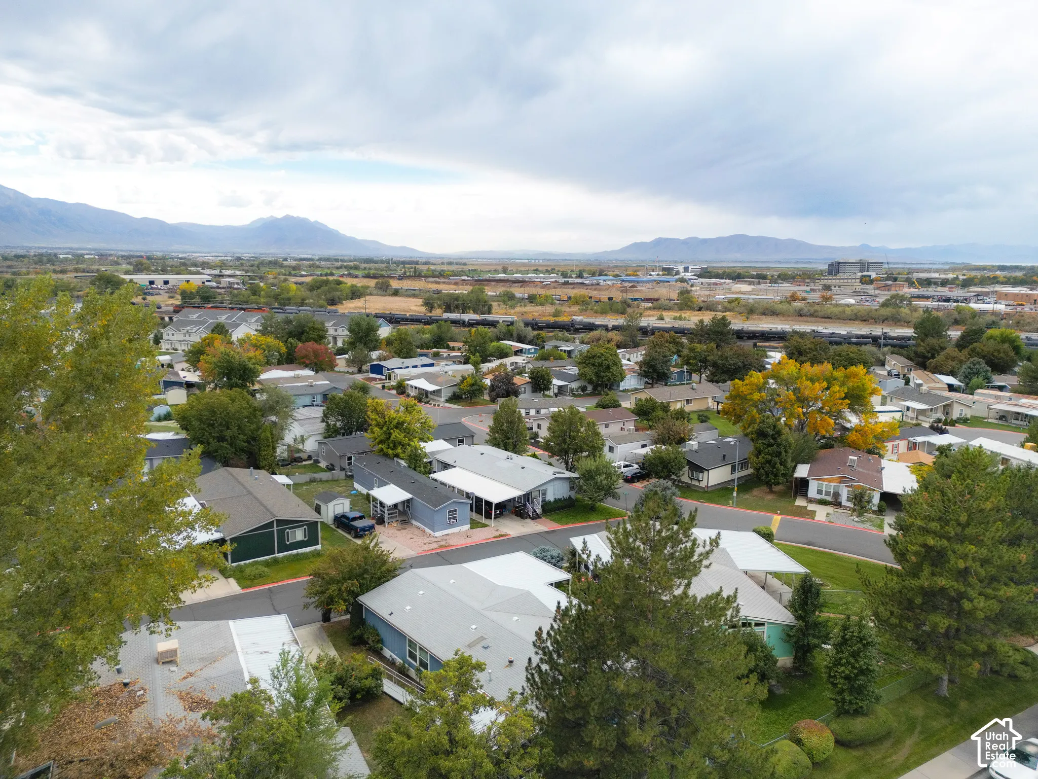 Residential community with paved streets and mature trees