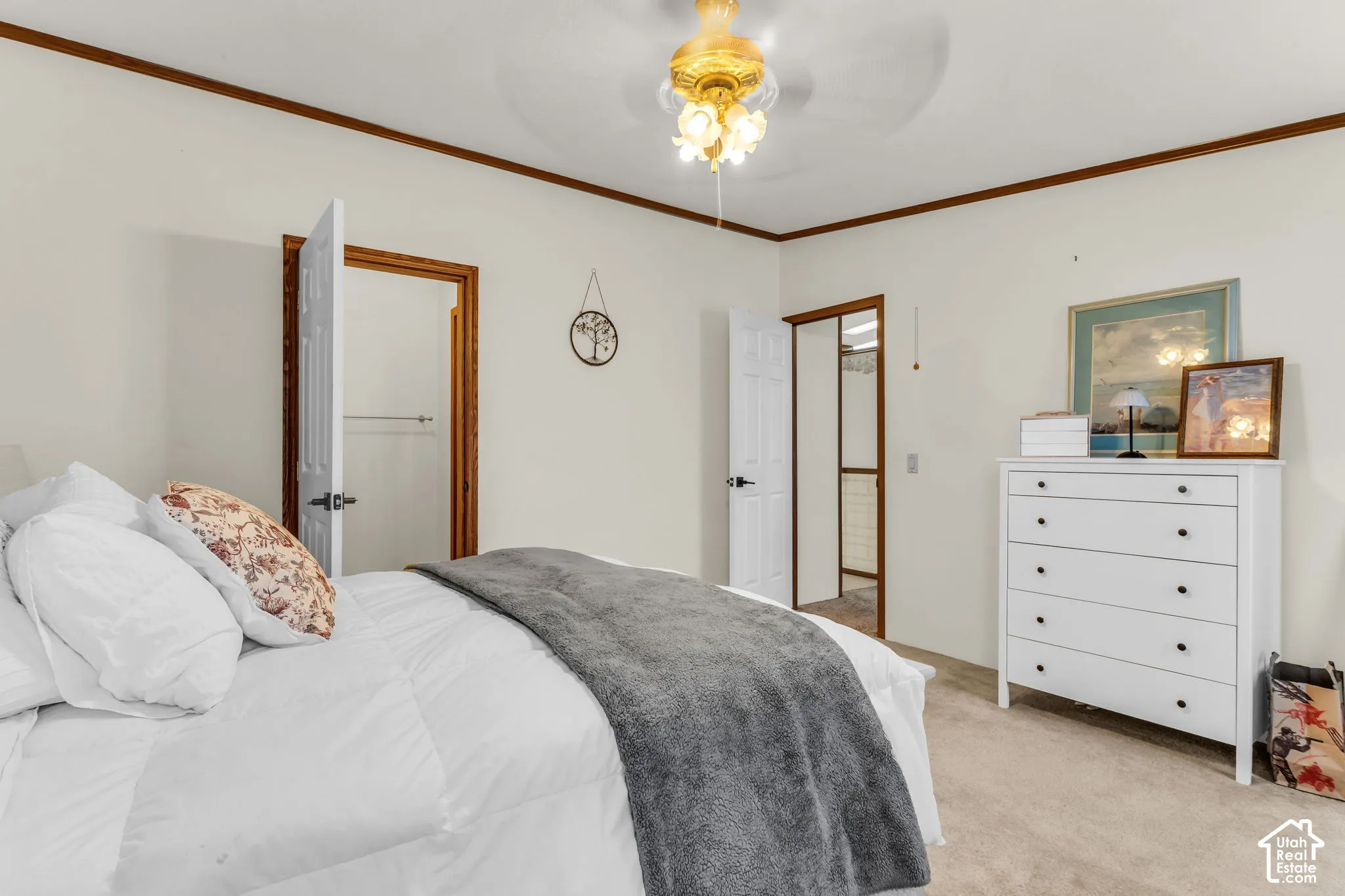Neutral wall color with contrasting wood trim and doors