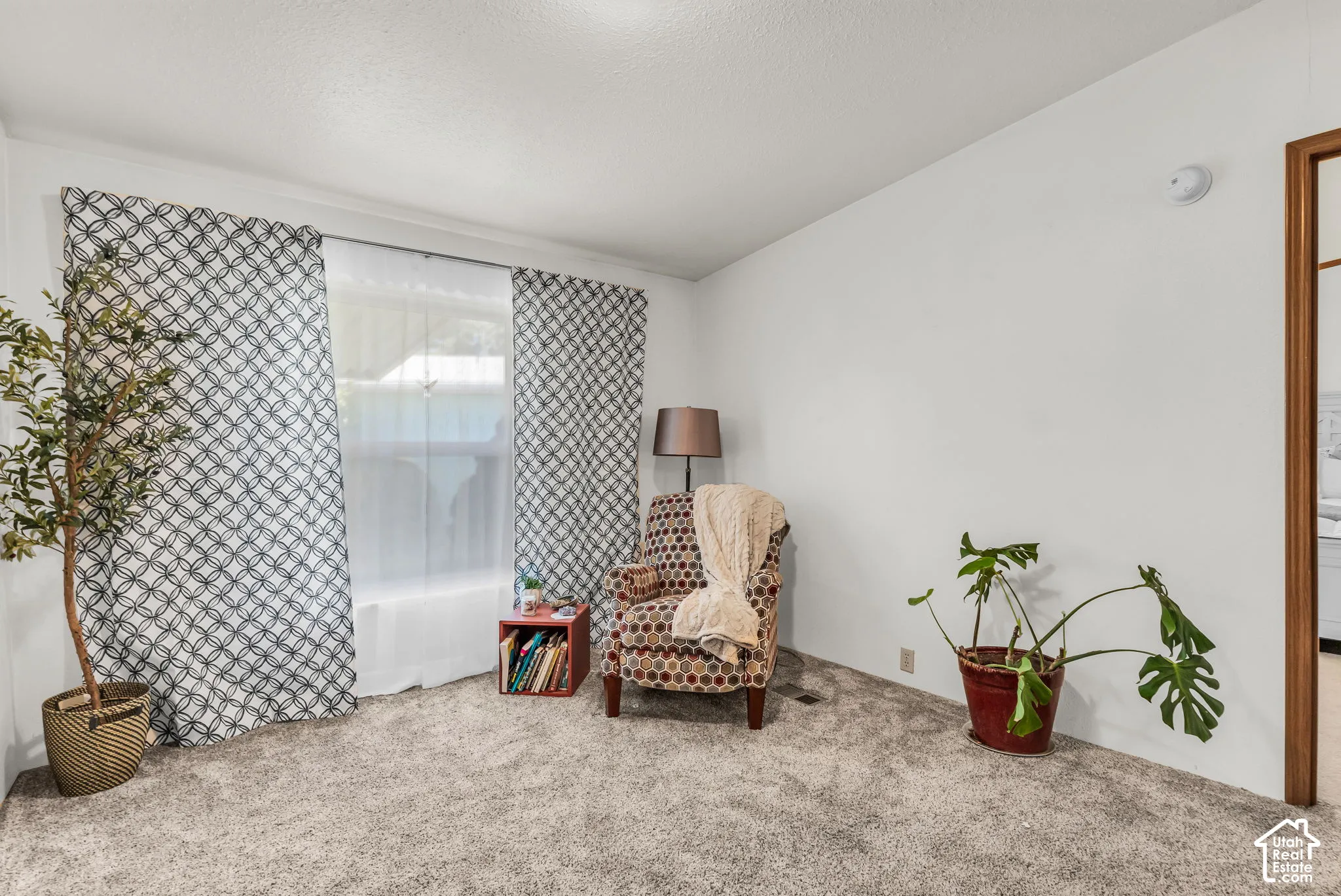 White painted walls, light gray carpet, and a window with sheer and patterned curtains