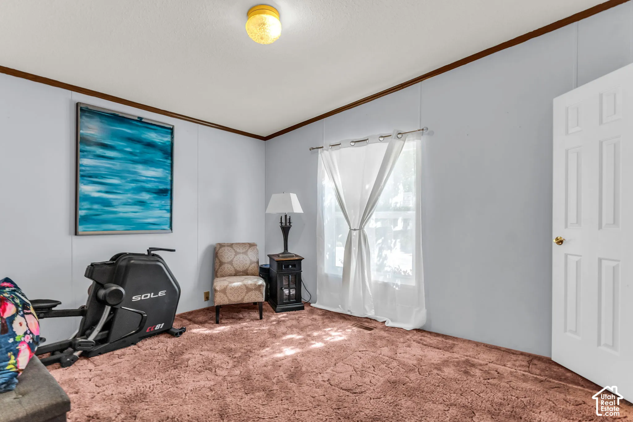 Window with sheer curtains, neutral wall finishes, and ceiling-mounted light fixture