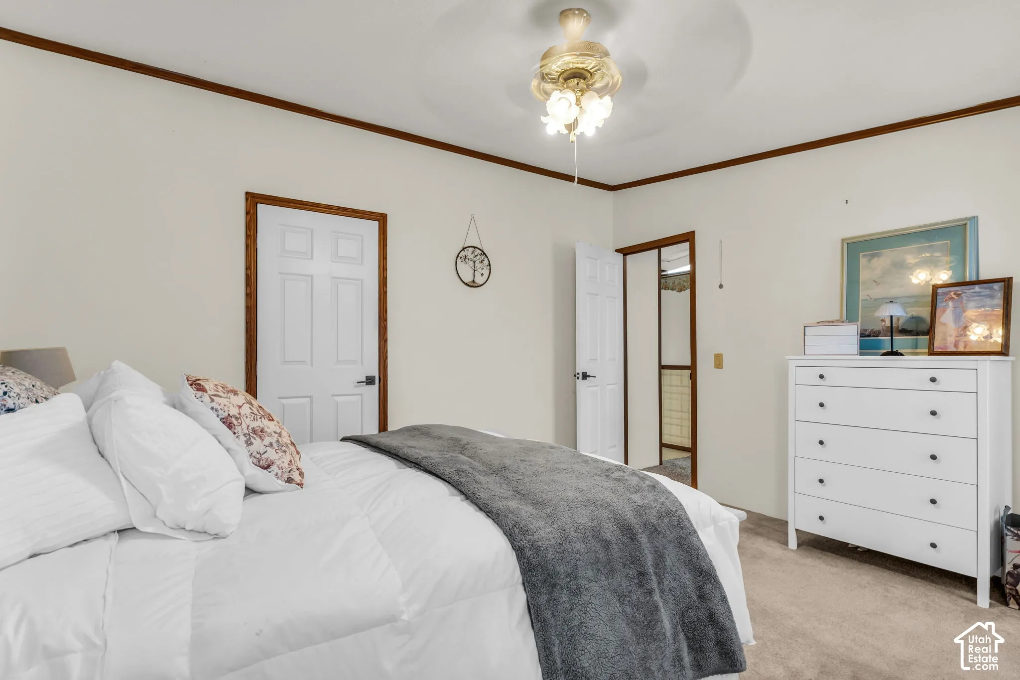 Ceiling fan with light fixture, paneled interior doors, and wood trim accents