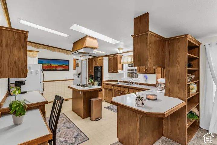 Kitchen featuring wood cabinetry, white countertops, built-in shelving, and skylights