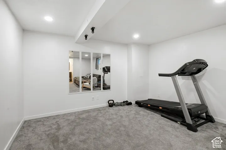 Recessed lighting, track lighting, neutral wall paint, gray carpeting, and integrated wall mirrors