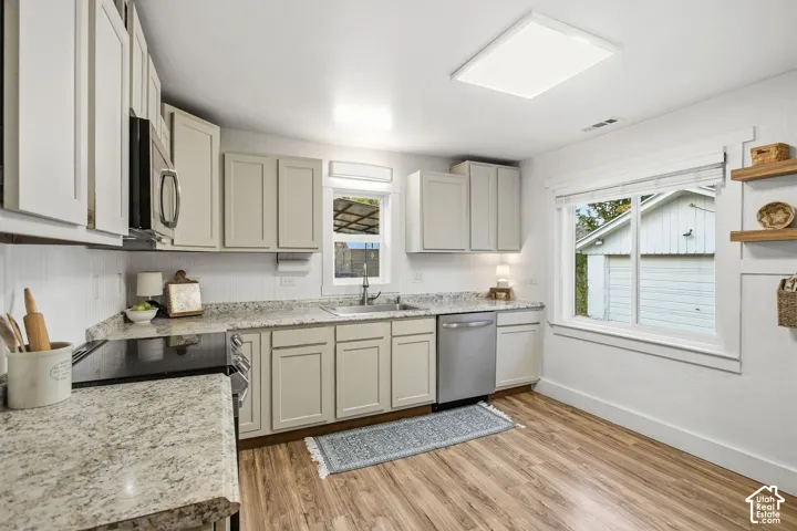 Kitchen featuring wood-finish flooring, light-toned cabinetry, speckled countertops, stainless steel appliances, and a rectangular ceiling light fixture