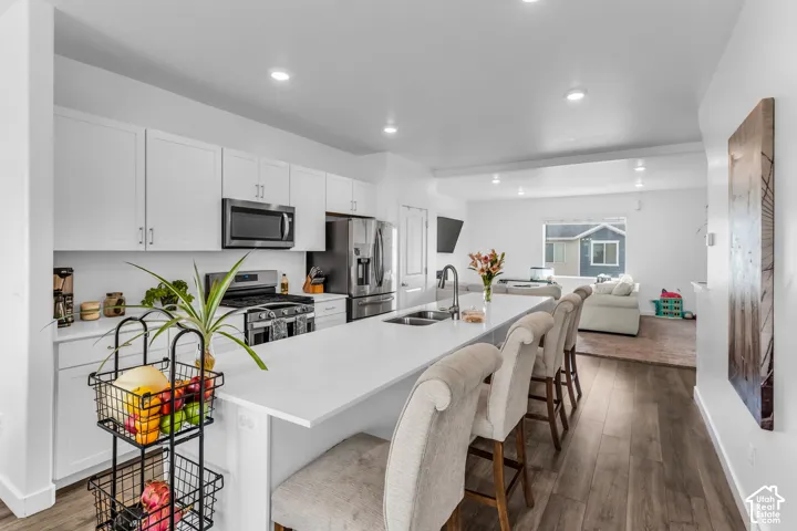 Modern kitchen featuring white cabinetry, stainless steel appliances, a large island with seating, and wood-finish flooring