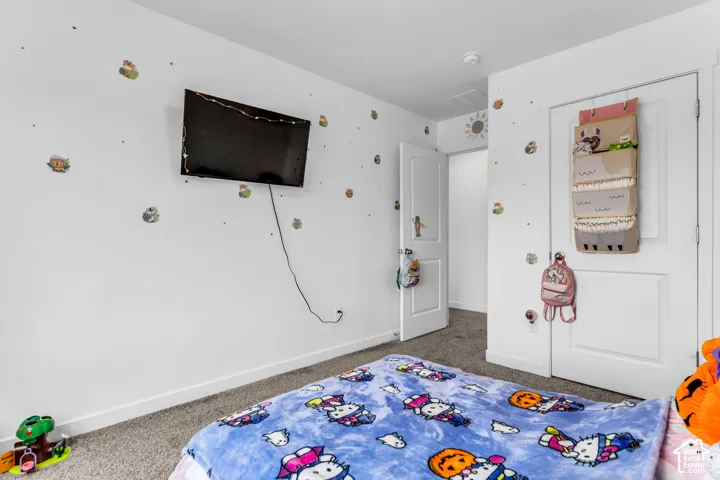 Carpeted flooring, white trim, and doors with panel detailing