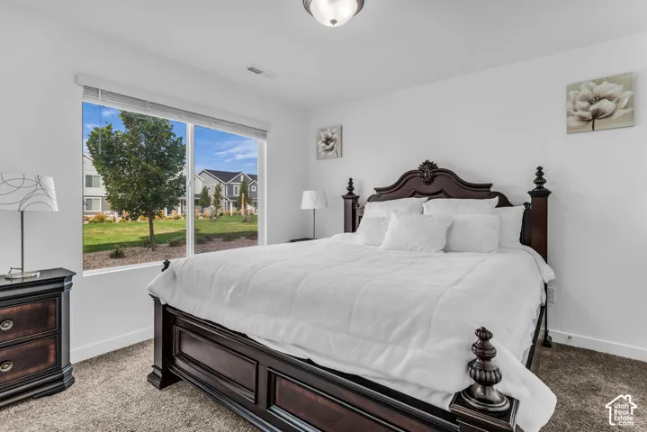 Bright interior with a large window, neutral carpeting, and a ceiling-mounted light fixture