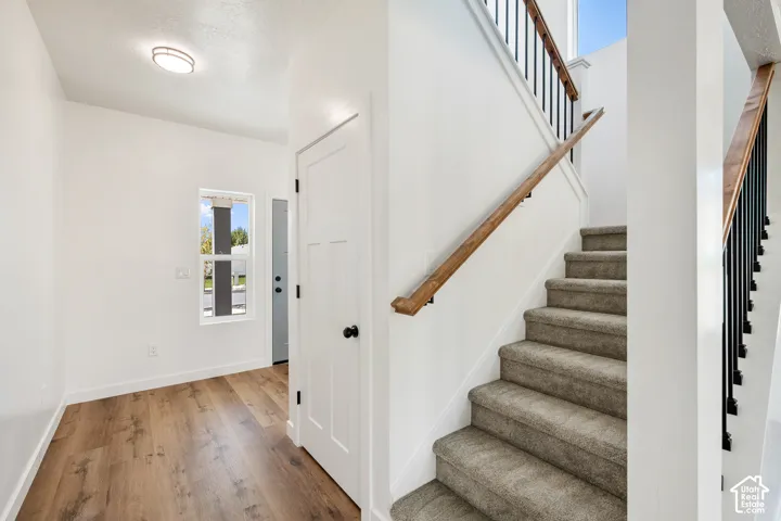 Wood-finish flooring, white paneled door, flush-mount ceiling light, window with natural light, and carpeted staircase with wood handrail