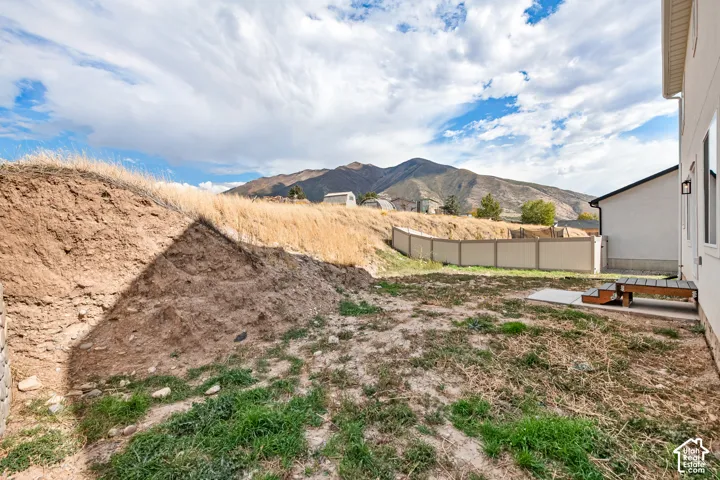 Expansive backyard with a surrounding privacy fence and a mountain backdrop