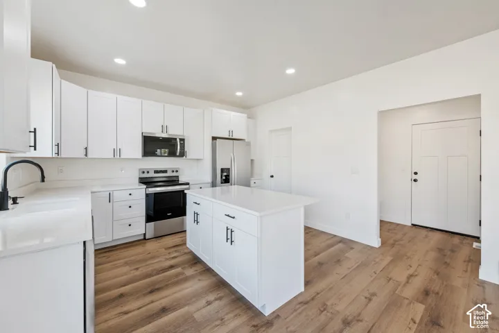 Kitchen featuring white cabinetry, stainless steel appliances, wood-finish flooring, recessed lighting, and a kitchen island with storage