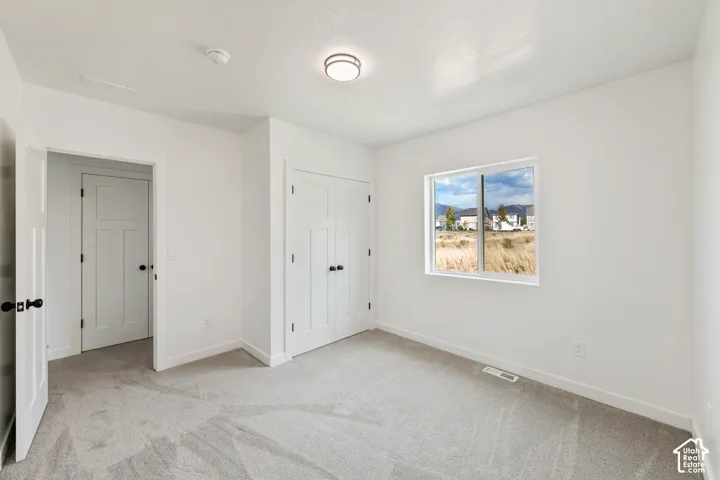 Light gray carpeted flooring, white walls, flush mount ceiling light, white paneled doors with black hardware, and a window providing natural light