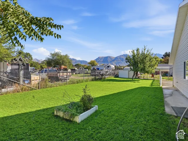 Expansive green lawn with a white planter box