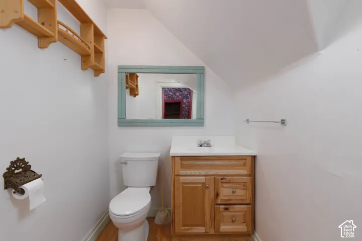 Wood-finish flooring with a white toilet, wood vanity, and a white countertop with an integrated sink