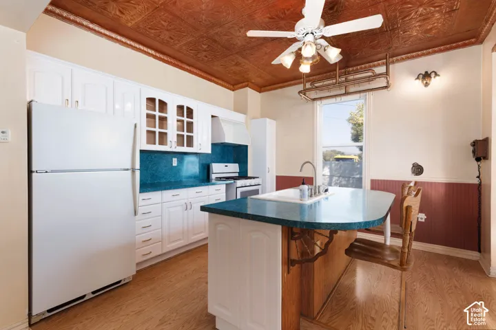 White cabinetry, wood-finish flooring, pressed metal ceiling, built-in island with sink, and stainless steel appliances