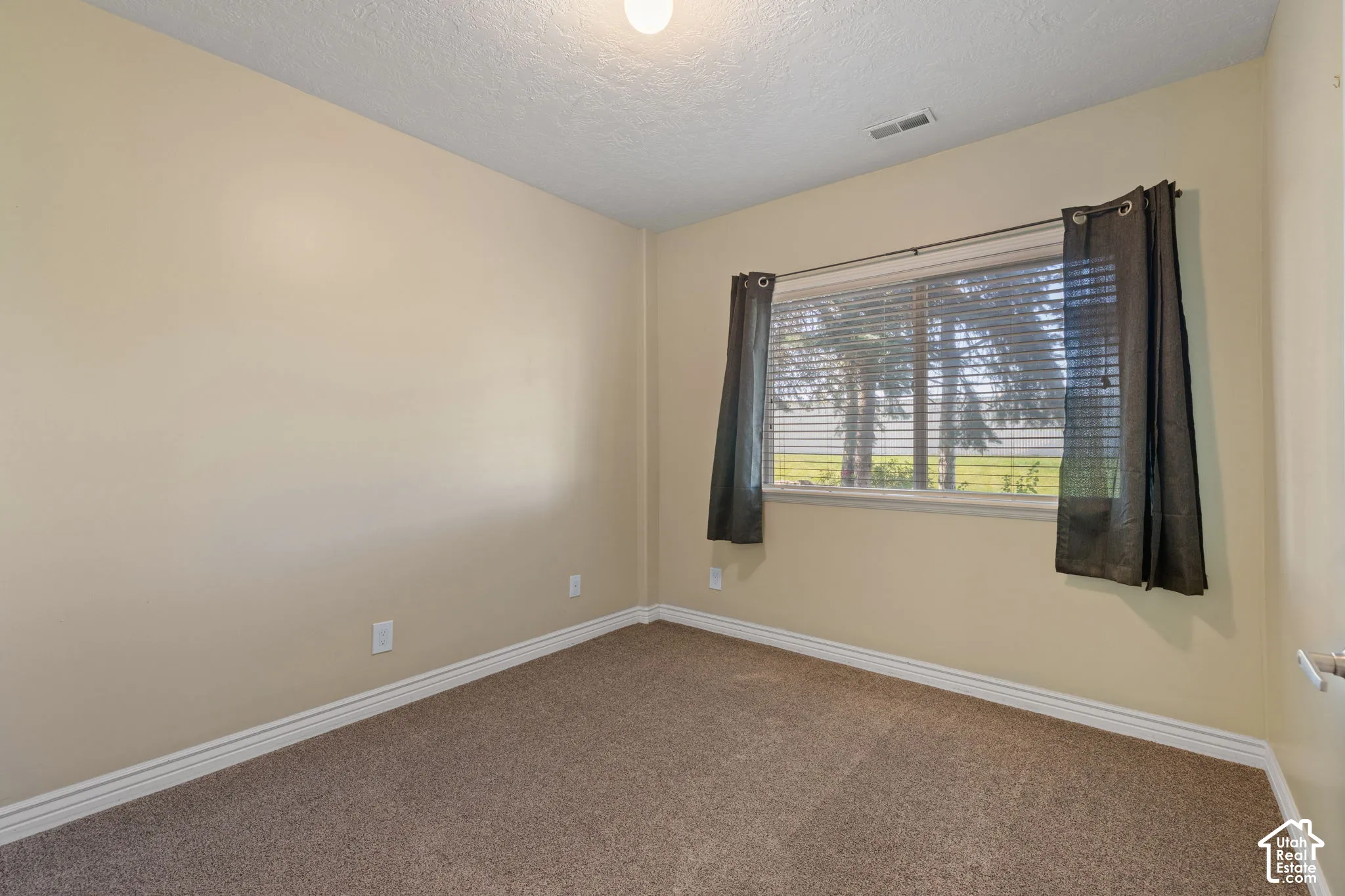 Wall-to-wall carpet flooring, neutral paint palette, and a window with blinds