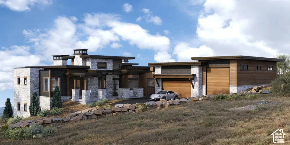 Modern architectural design featuring stone and wood-look siding