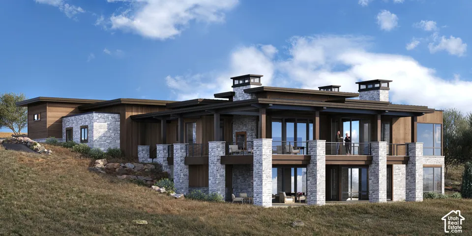 Modern architectural design featuring extensive stone and wood paneling