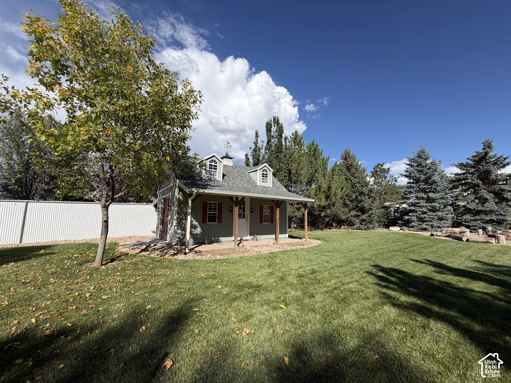 Expansive lawn with mature trees and a detached shed featuring dormer windows and a covered front porch
