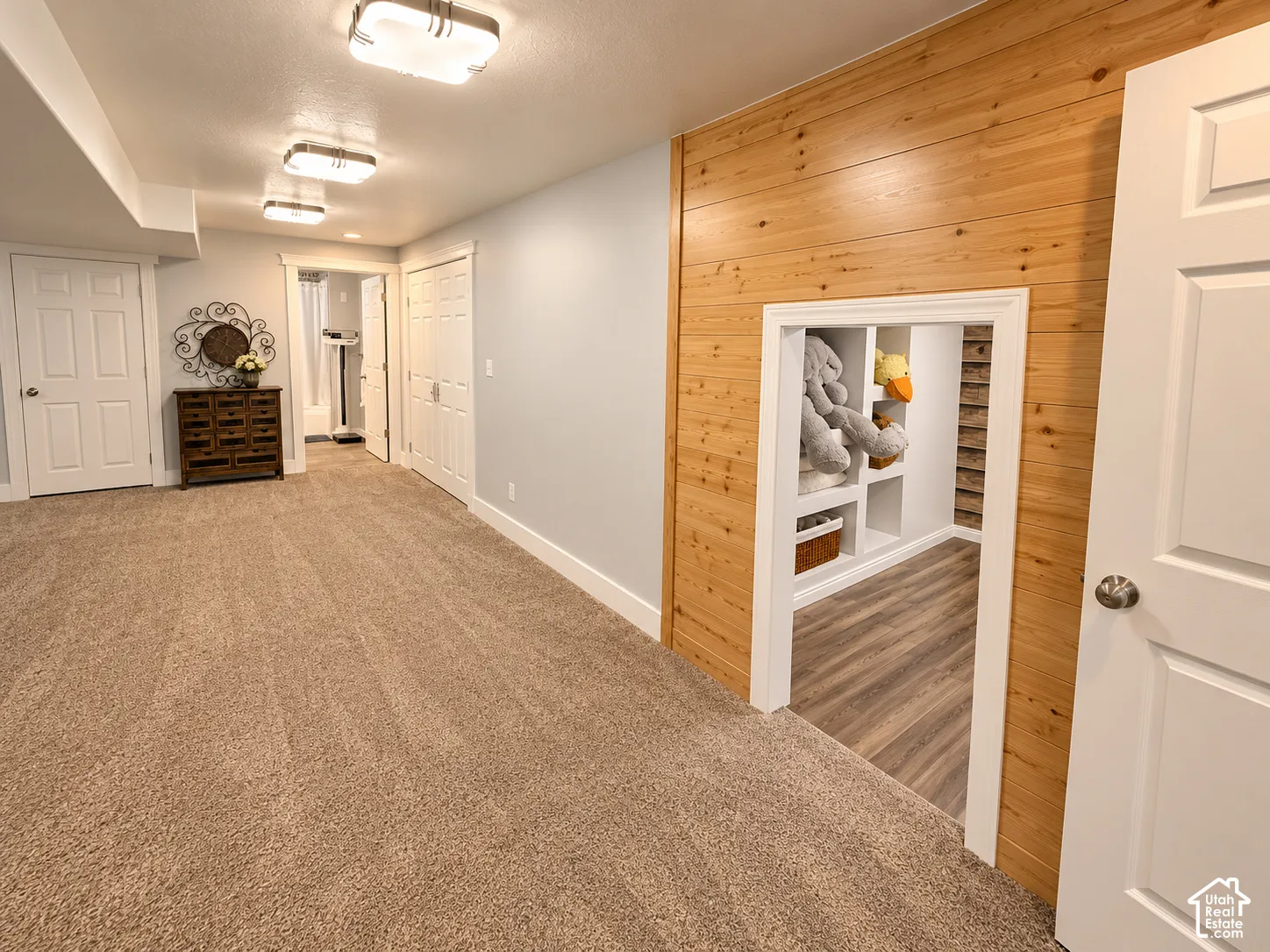 Warm wood-paneled wall accenting a built-in storage nook