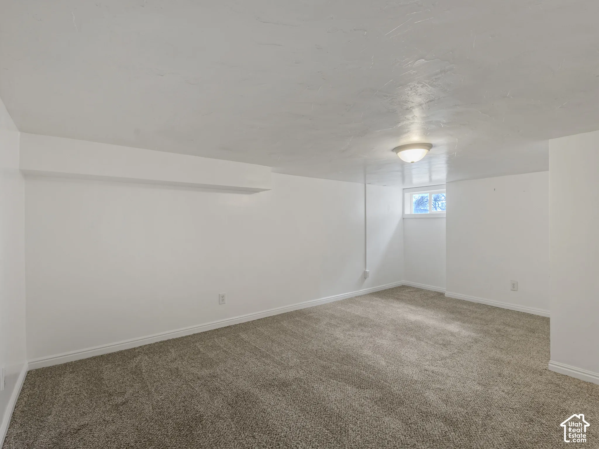 Carpeted room featuring a ceiling-mounted light fixture, a window, and white painted walls