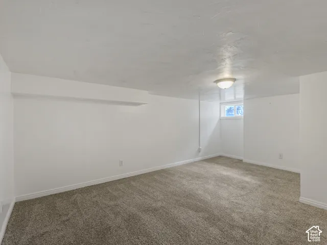 Carpeted room featuring a ceiling-mounted light fixture, a window, and white painted walls