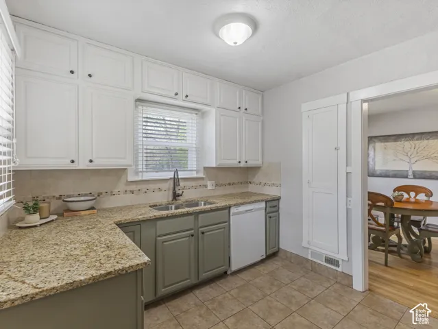 Kitchen featuring granite countertops, tile backsplash, white upper cabinetry, and a built-in pantry