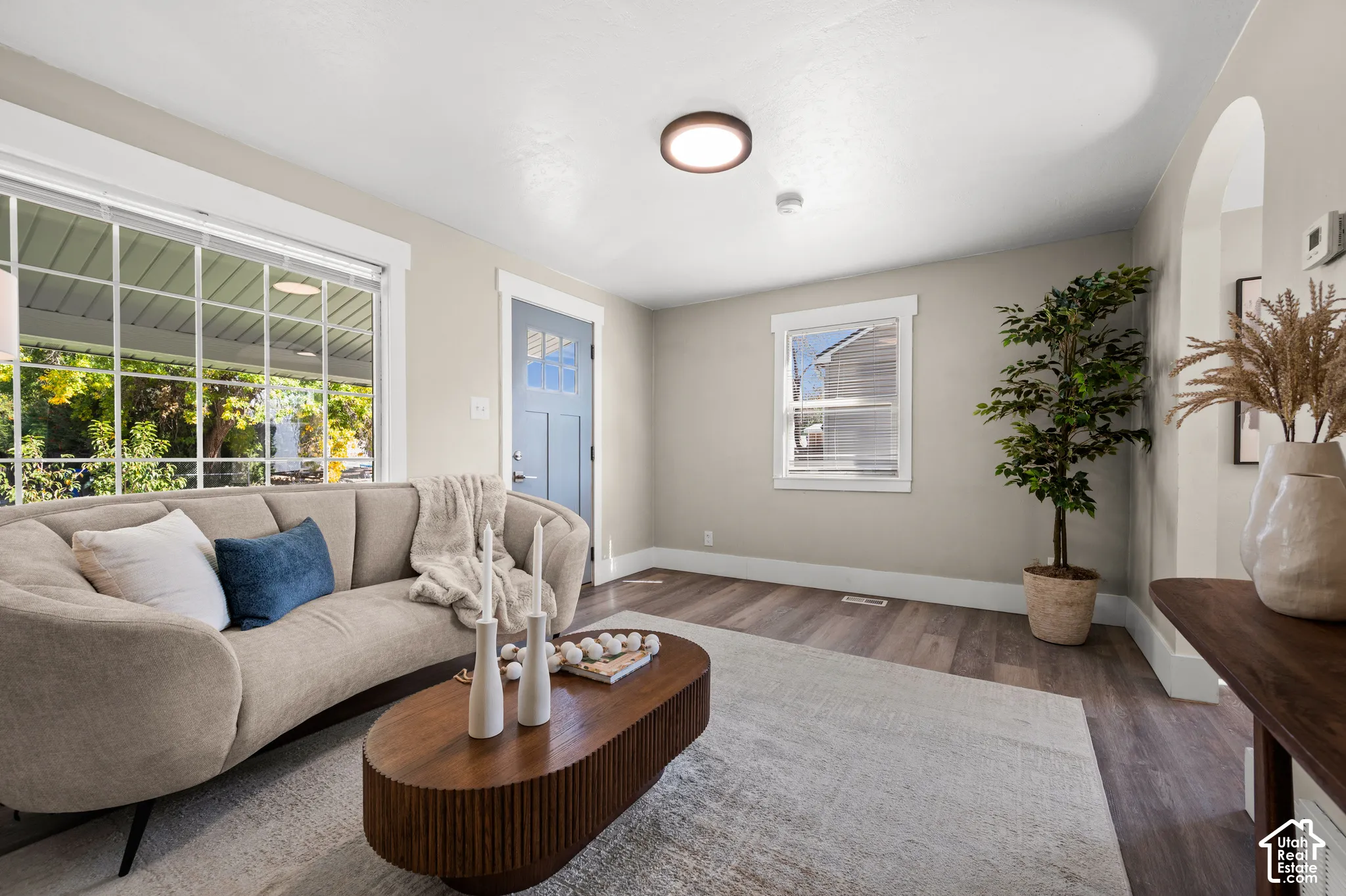 White trim framing, wood-finish flooring, and arched entryway