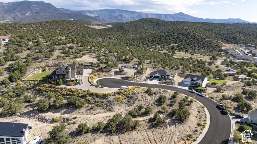 Expansive residential property featuring multiple residences, a paved cul-de-sac, and surrounding mountainous terrain