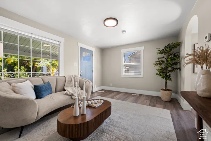 White trim framing, wood-finish flooring, and arched entryway