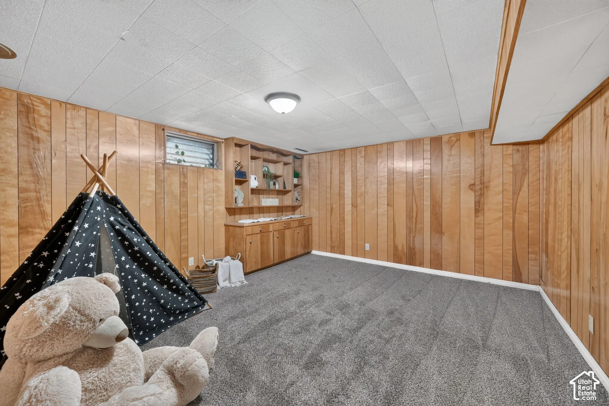 Finished basement recreation room featuring warm wood-paneled walls, gray carpet flooring, recessed ceiling lighting, and built-in shelving and storage