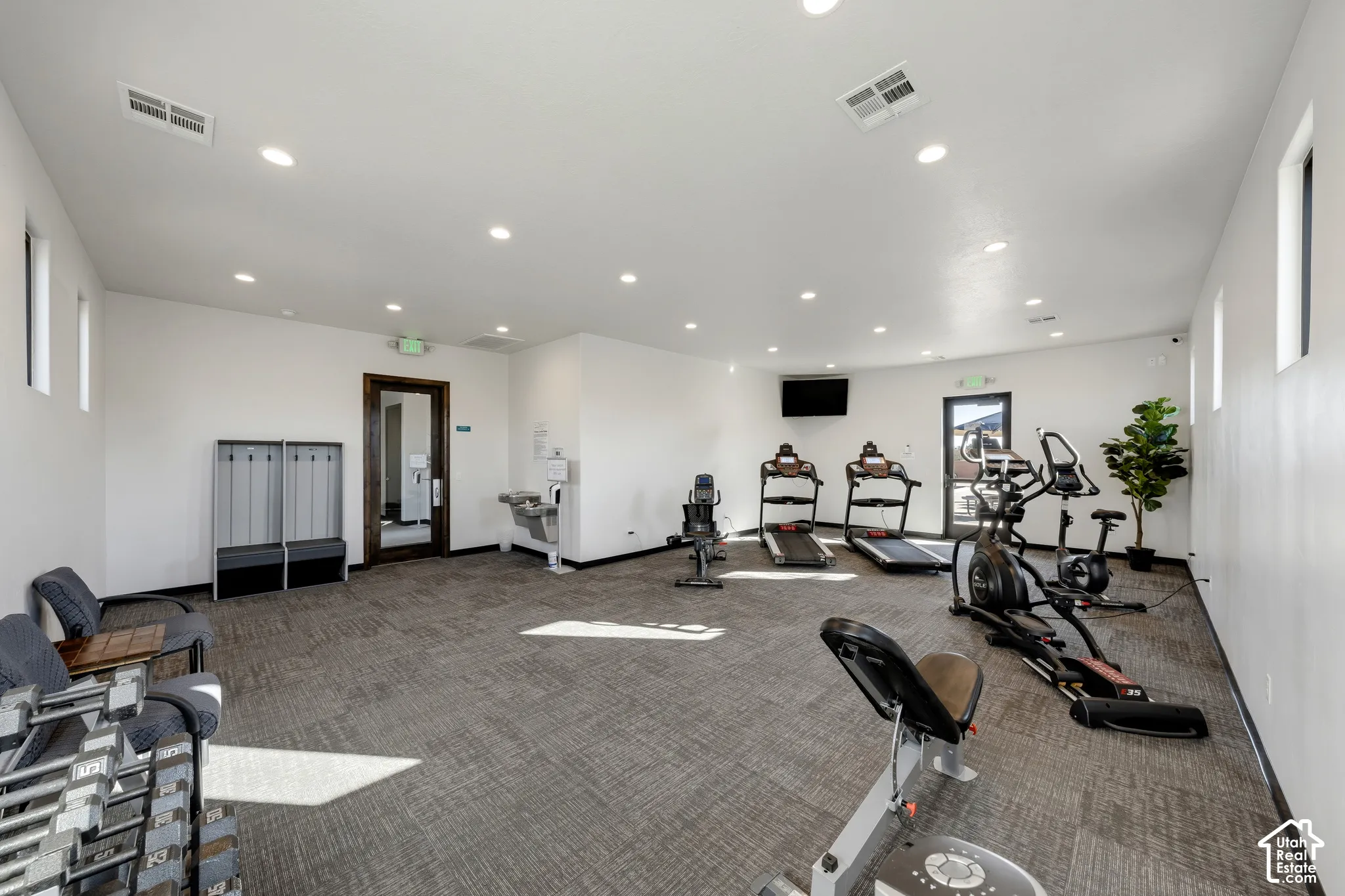 Fitness center with recessed lighting, carpet flooring, multiple windows, and a wall-mounted television