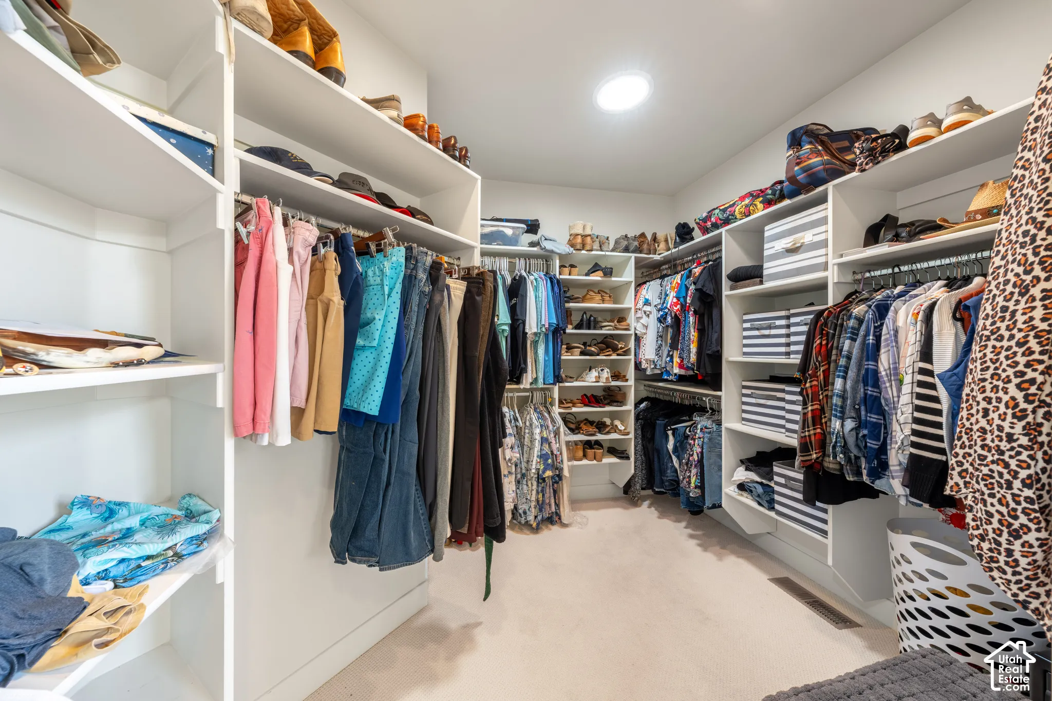 Walk-in closet featuring built-in white shelving, multiple hanging rods, recessed lighting, and carpeted flooring