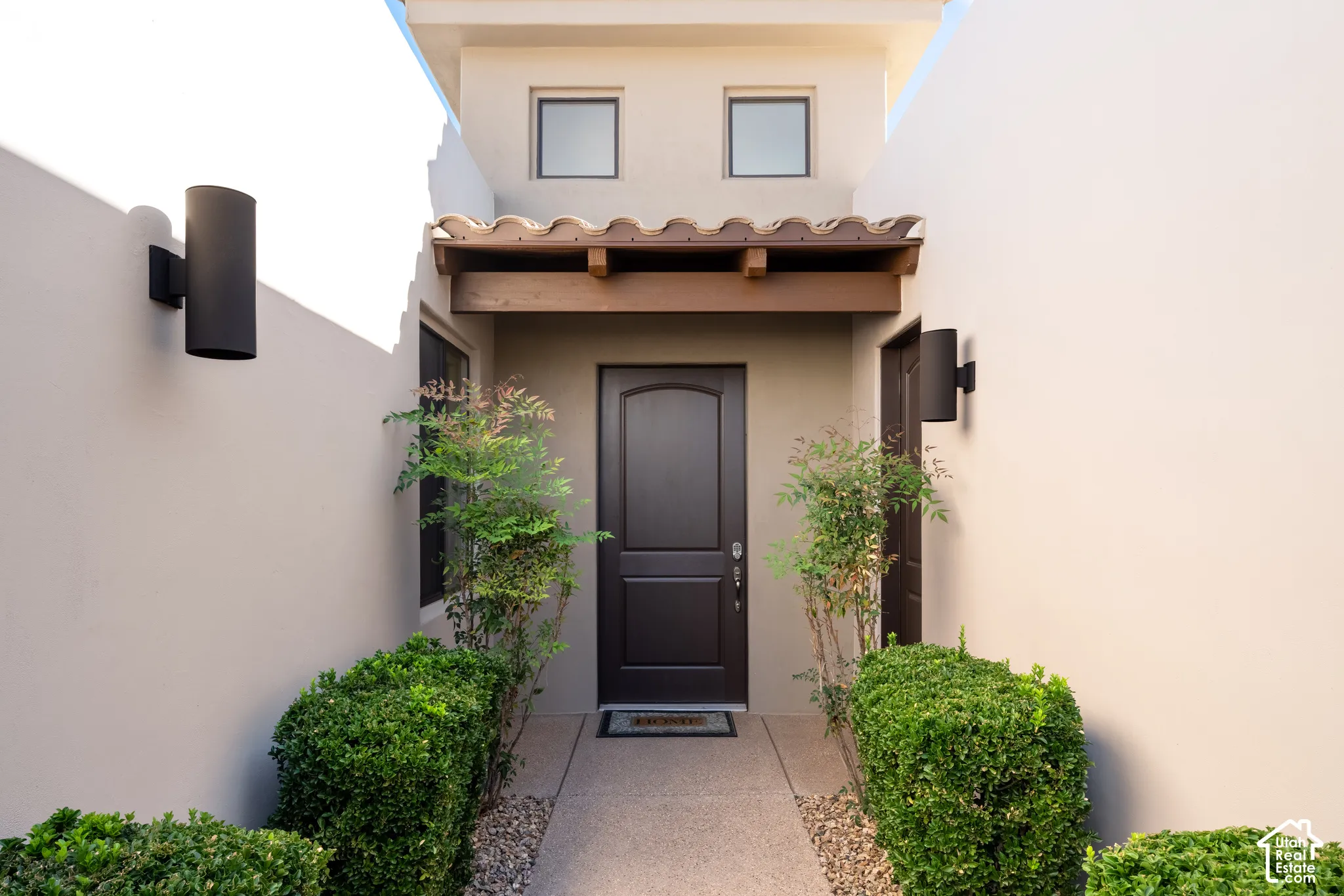 Modern architectural entry featuring a dark wood-panel front door with transom lighting, flanked by cylindrical wall-mounted sconces