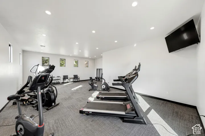 Dedicated fitness area with ample natural light, recessed lighting, wall-mounted television, and carpeted flooring