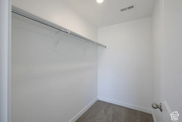 Recessed lighting, carpeted flooring, and a metal hanging rod with shelving