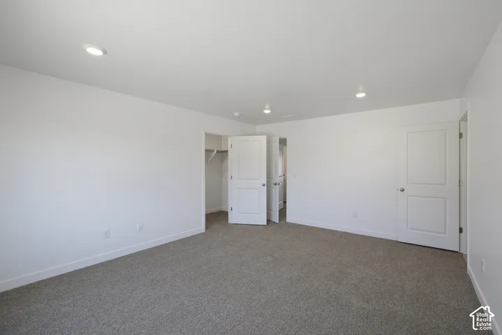 Carpeted flooring, recessed lighting, and multiple paneled doors