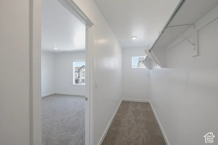 Walk-in closet with built-in shelving, hanging rod, and a window for natural light