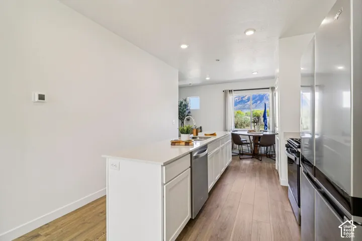 Contemporary kitchen island with a white countertop, wood-finish flooring, recessed lighting, and stainless steel appliances