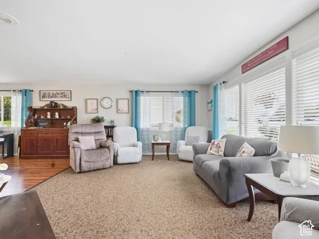 Spacious living area featuring ample natural light, numerous windows, and a combination of wood-finish flooring and patterned carpeting