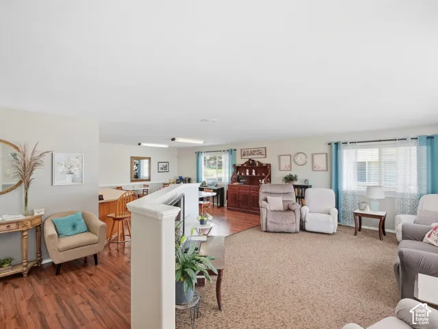 Open-concept living space featuring wood-finish flooring and carpeted areas