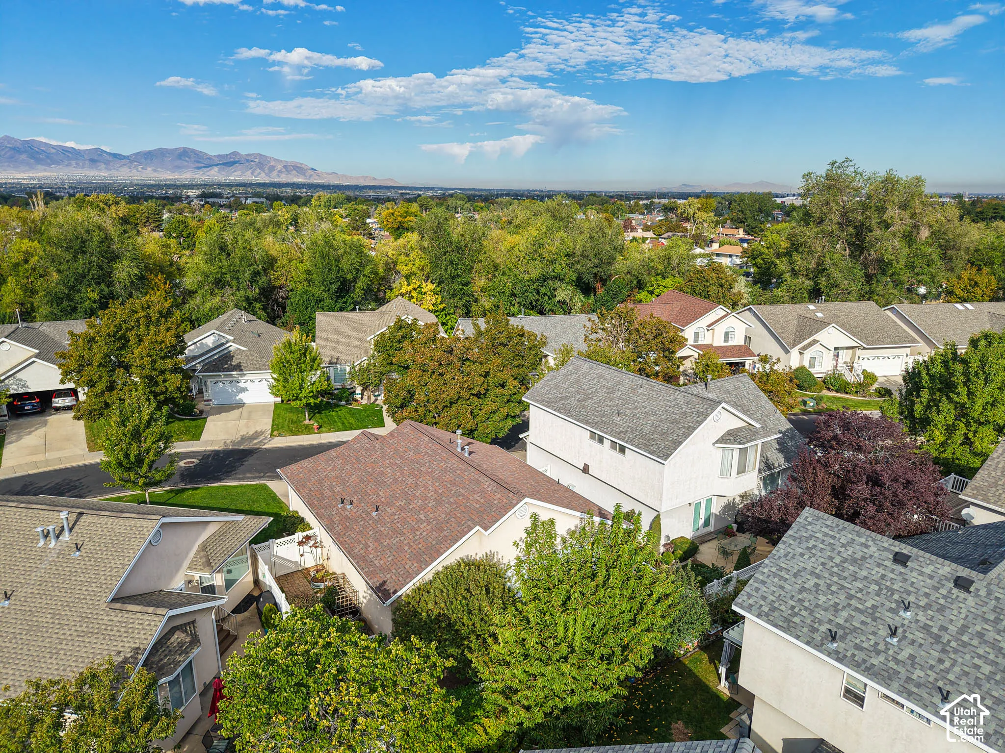 Residential neighborhood with mature trees and mountain backdrop