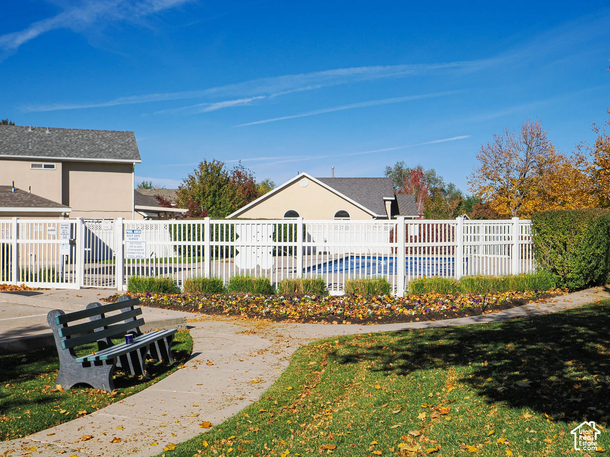 Gated swimming pool with surrounding fence and established landscaping