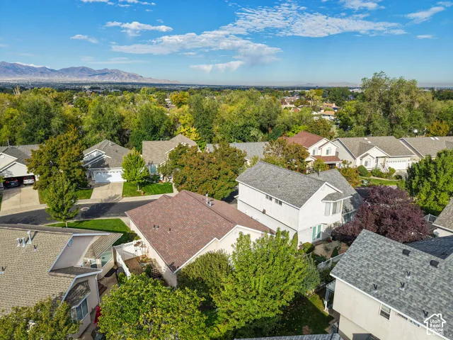 Residential neighborhood with mature trees and mountain backdrop