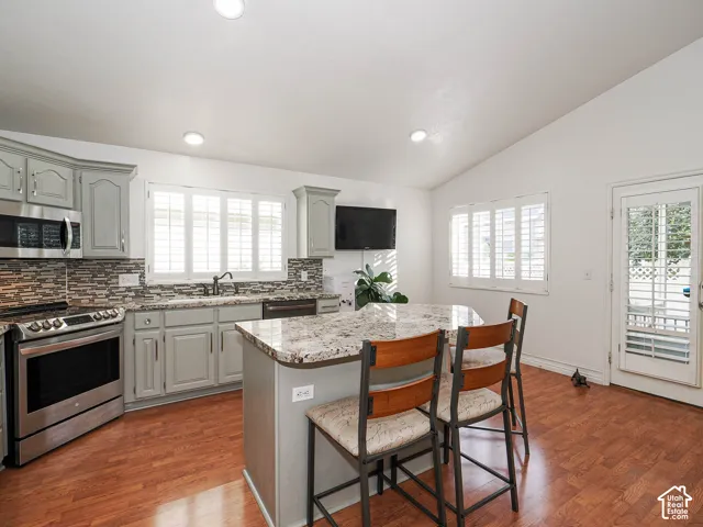 Kitchen with light gray cabinetry, stainless steel appliances, and wood-finish flooring