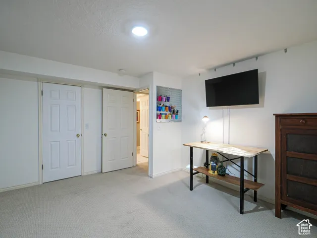 Recessed lighting, light-toned carpet flooring, and white interior doors